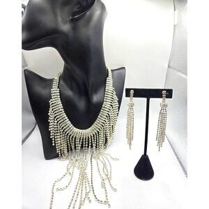 Vintage 1970s Disco Rhinestone Waterfall Necklace & 5" Long Dangle Earrings Set